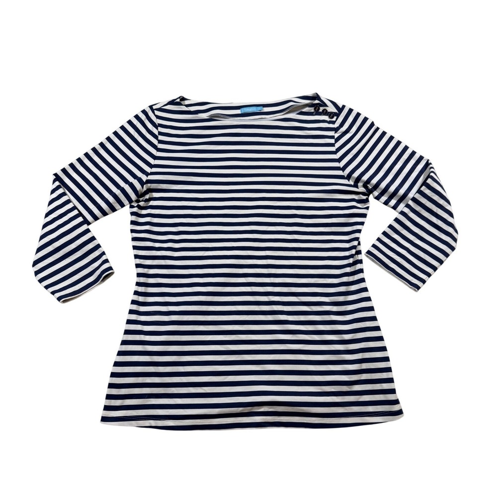 J.McLaughlin Top Navy White Striped Boatneck Button Nautical Preppy Sailor M